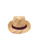 Fedra 2" Brim Fedora Unisex Straw Hats natural and brights multicolor pinstripes packable raffia straw hat handmade loomed raffia in wide bands of natural straw color with narrow bands of lime green, bordeaux red, fuchsia pink, orange, cinnaon/tobacco/brown, blush orange/pink, etc. create a stripe swirl pattern - Shebobo