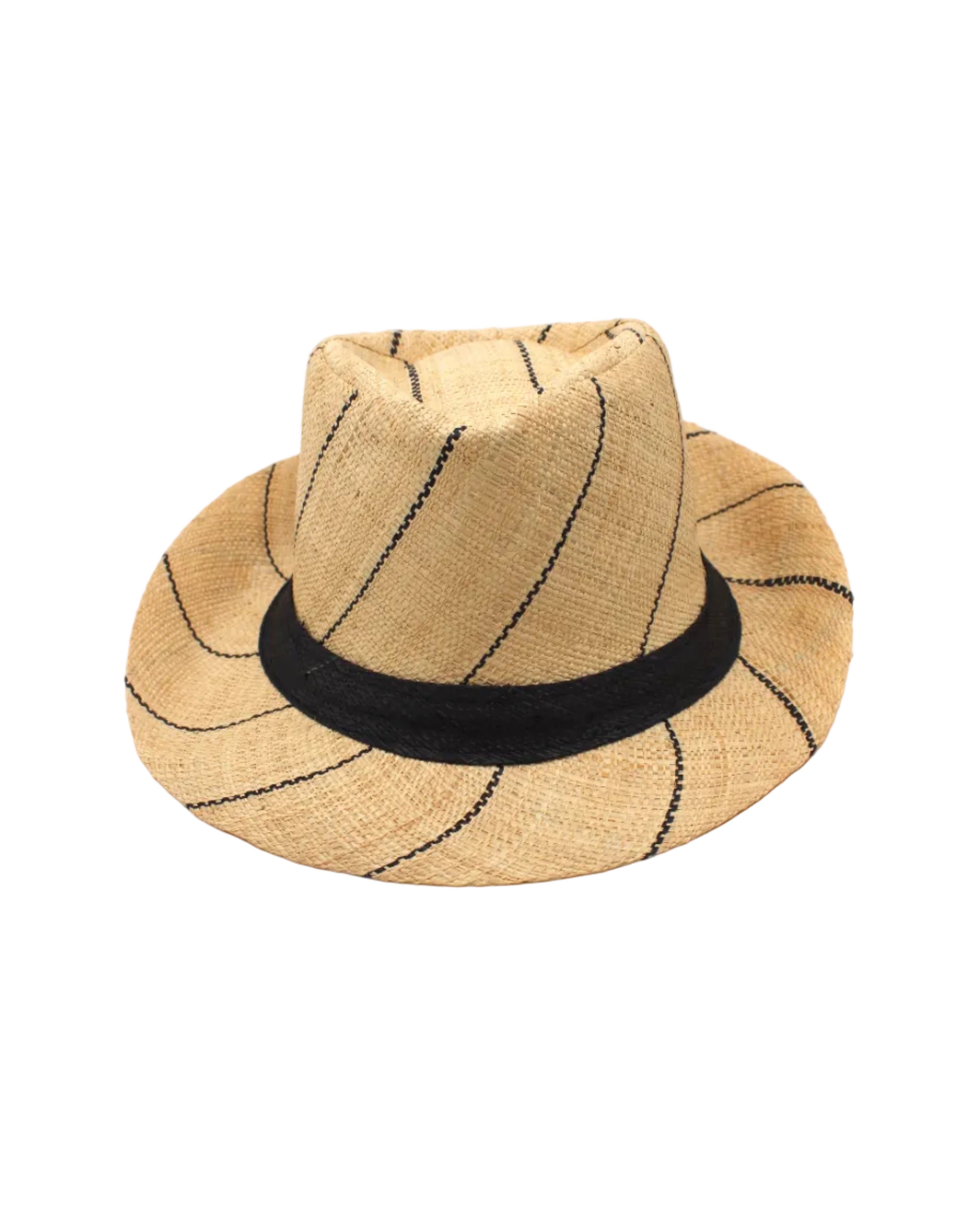 Fedra 2" Brim Fedora Unisex Straw Hats natural and black pinstripes packable raffia straw hat handmade loomed raffia in wide bands of natural straw color with black narrow bands create a stripe swirl pattern - Shebobo