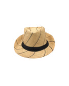 Fedra 2" Brim Fedora Unisex Straw Hats natural and black pinstripes packable raffia straw hat handmade loomed raffia in wide bands of natural straw color with black narrow bands create a stripe swirl pattern - Shebobo