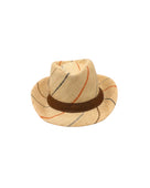 Fedra 2" Brim Fedora Unisex Straw Hats natural and Neutrals multicolor pinstripes packable raffia straw hat handmade loomed raffia in wide bands of natural straw color with narrow bands of blush orange/pink, cinnamon/tobacco/brown, black, and grey create a stripe swirl pattern - Shebobo