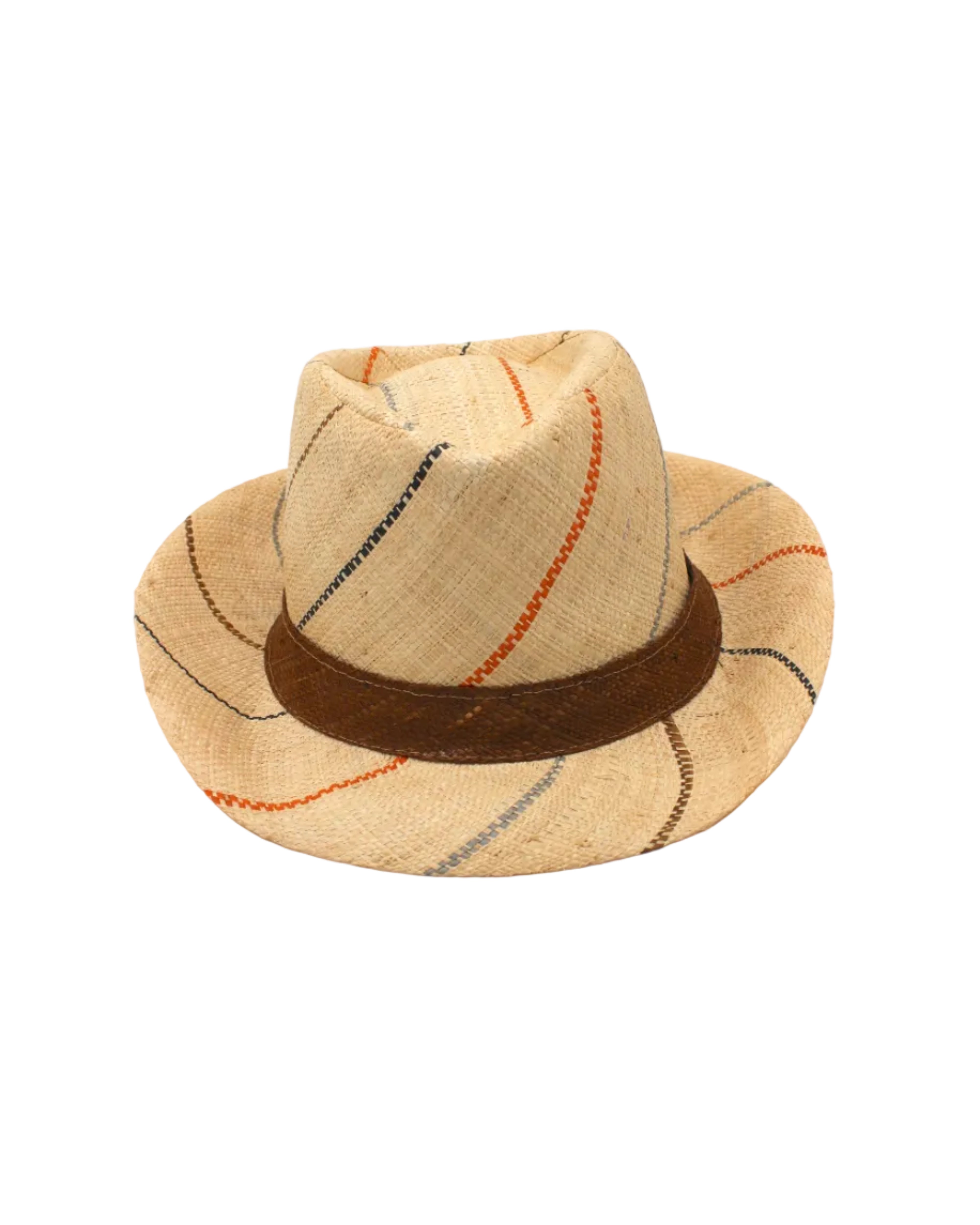 Fedra 2" Brim Fedora Unisex Straw Hats natural and Neutrals multicolor pinstripes packable raffia straw hat handmade loomed raffia in wide bands of natural straw color with narrow bands of blush orange/pink, cinnamon/tobacco/brown, black, and grey create a stripe swirl pattern - Shebobo