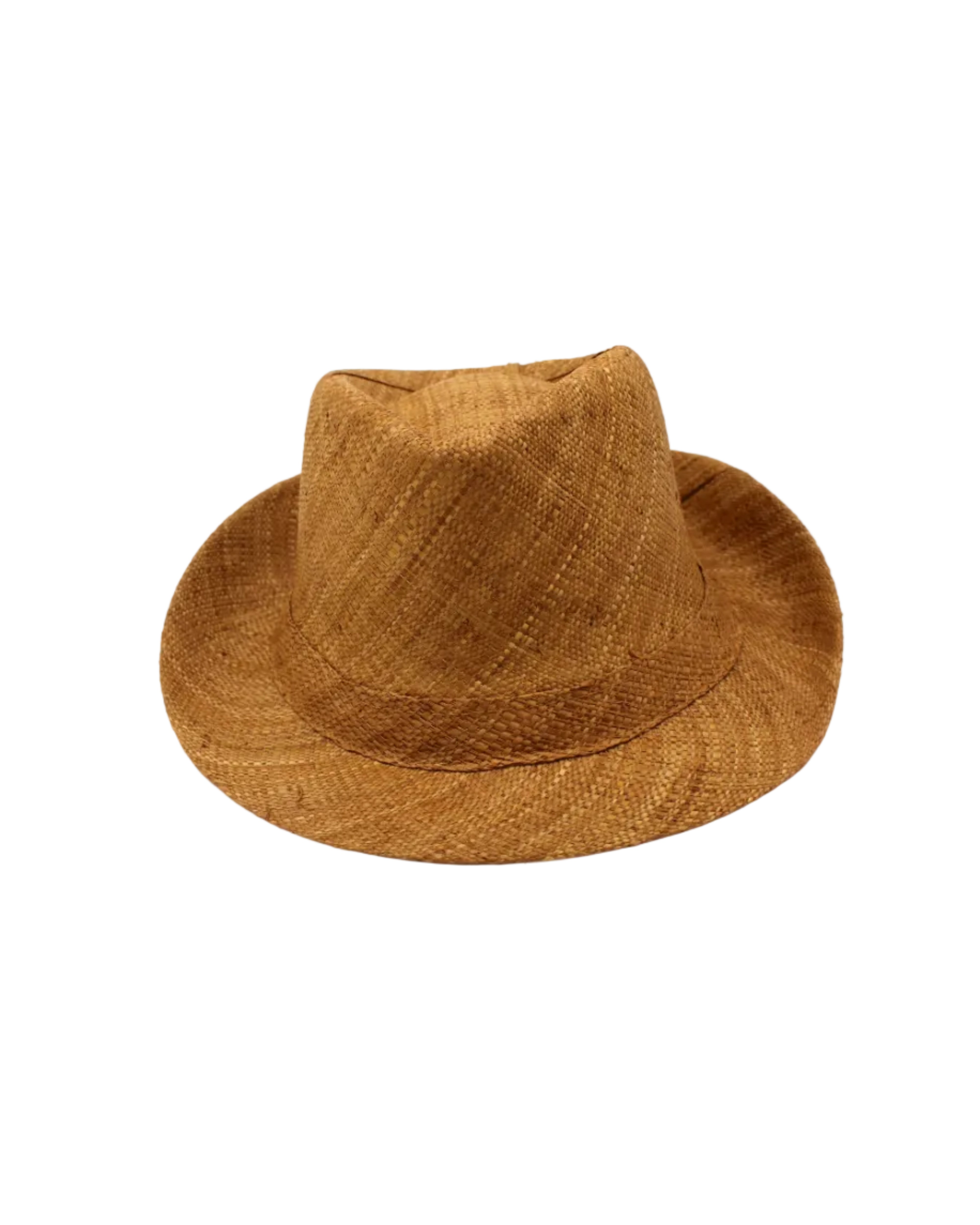 Fedra 2" Brim Fedora Unisex Straw Hats Tobacco handmade loomed natural raffia palm fiber in a solid hue of tobacco cinnamon/dark/brown with an attached matching hat band - Shebobo