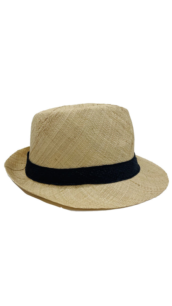 Fedra Natural with Black Hat Band - Unisex Fedora Straw Hat side view - Shebobo