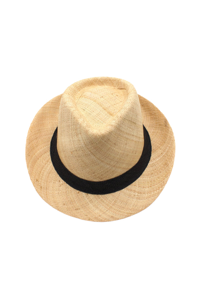 Fedra Natural with Black Hat Band - Unisex Fedora Straw Hat handmade loomed natural raffia palm fiber in a solid hue of natural straw color with an attached black hat band - Shebobo