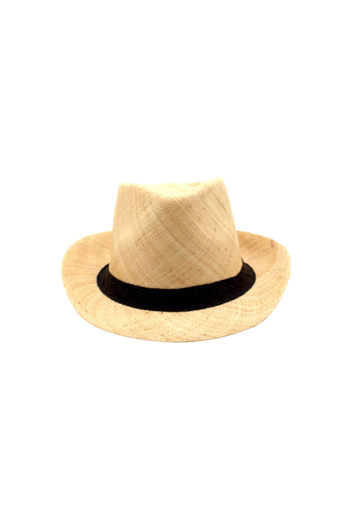 Fedra Natural with Black Hat Band - Unisex Fedora Straw Hat handmade loomed natural raffia palm fiber in a solid hue of natural straw color with an attached black hat band - Shebobo