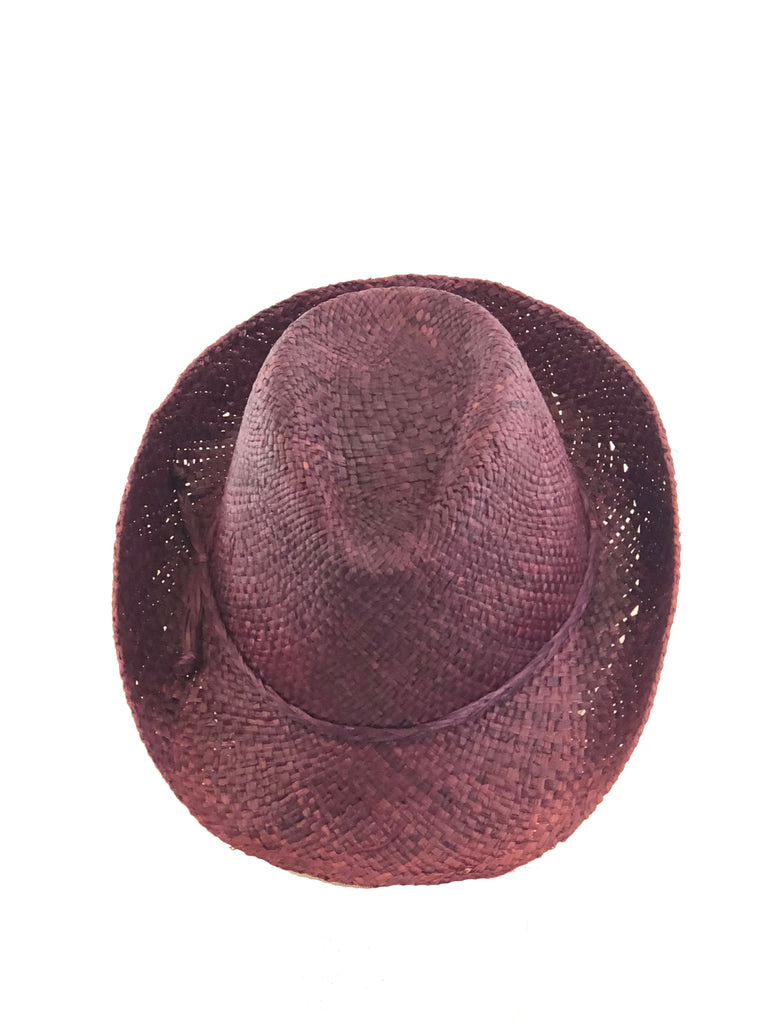 Fiston Bordeaux - Unisex Fedora Straw Hat handmade woven raffia in a solid hue of bordeaux/deep wine/red/brown with narrow brim and matching braided raffia hat band - Shebobo