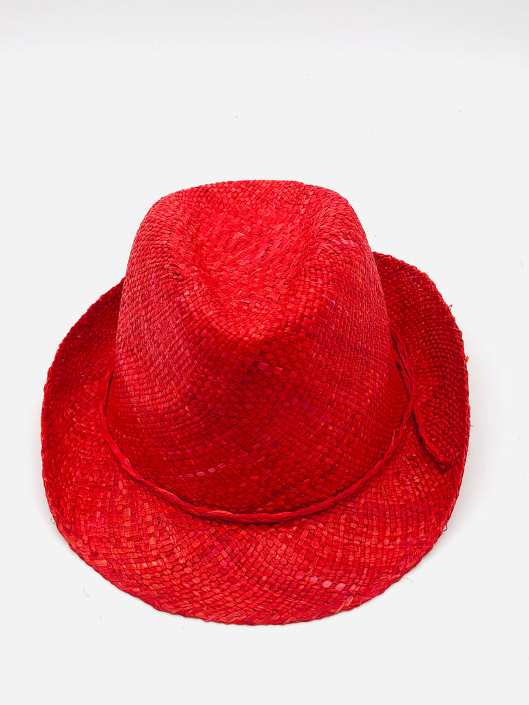 Fiston Red - Unisex Fedora Straw Hat handmade woven raffia in a solid hue of bright/bold/red with narrow brim and matching braided raffia hat band - Shebobo
