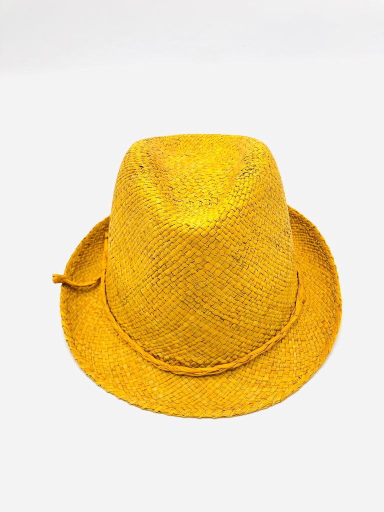 Fiston Saffron - Unisex Fedora Straw Hat handmade woven raffia in a solid hue of saffron yellow with narrow brim and matching braided raffia hat band - Shebobo
