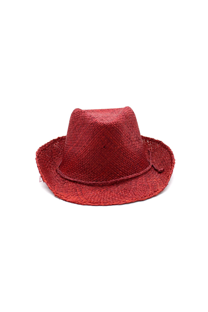 Fiston Bordeaux - Unisex Fedora Straw Hat handmade woven raffia in a solid hue of bordeaux/deep wine/red/brown with narrow brim and matching braided raffia hat band - Shebobo