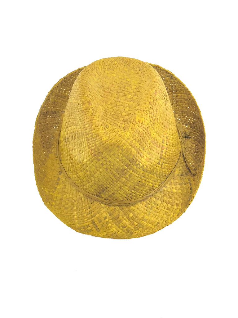 Fiston Cinnamon - Unisex Fedora Straw Hat handmade woven raffia in a solid hue of cinnamon/tobacco/green brown with narrow brim and matching braided raffia hat band - Shebobo