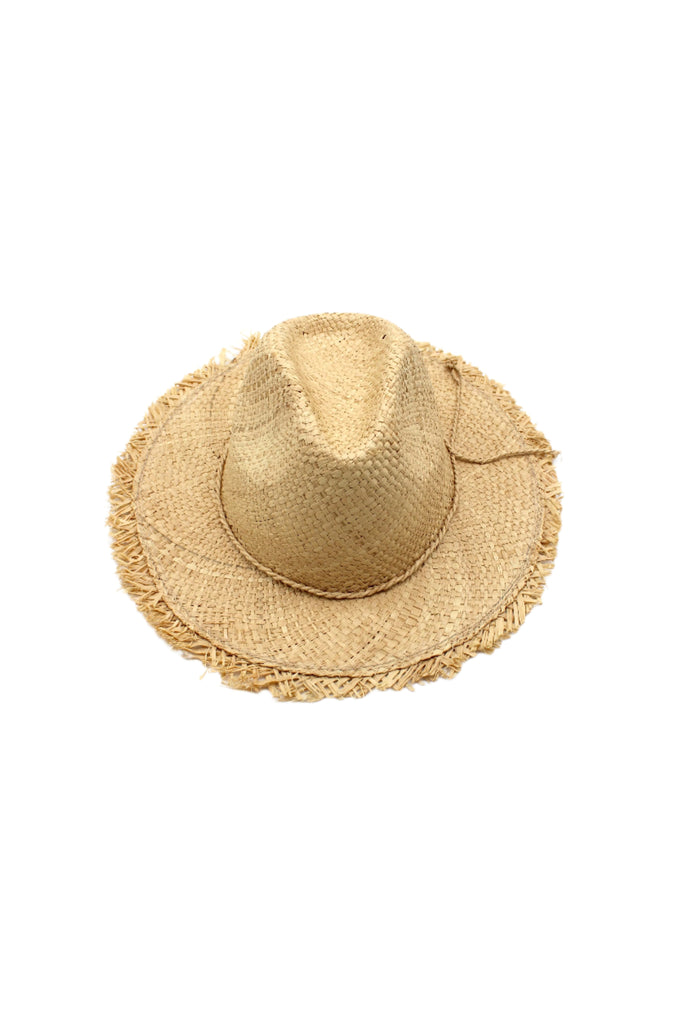 Fiston Fringe Natural - Unisex Fedora Straw Hat with Raw Edge handmade woven raffia strands in a solid hue of natural straw color with matching raw fringe edge embellishment and twisted raffia cord hat band - Shebobo