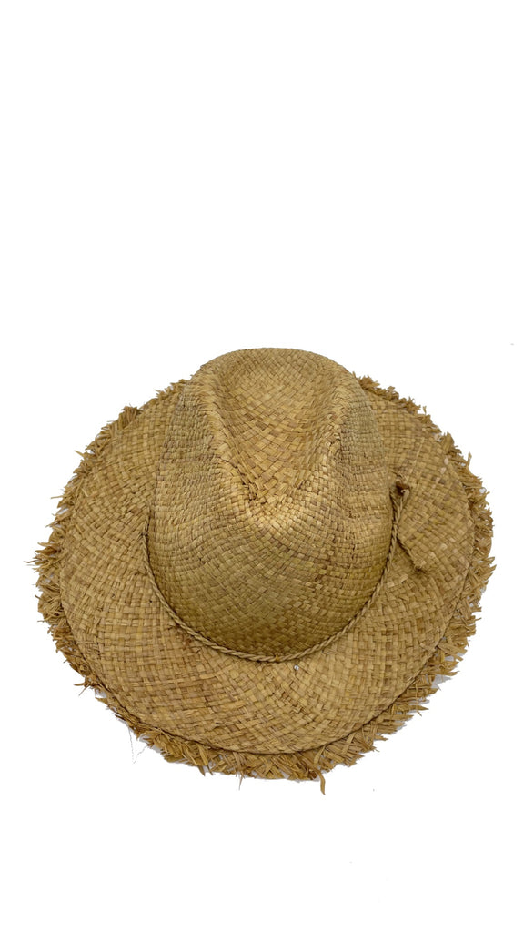 Fiston Fringe Cinnamon - Unisex Fedora Straw Hat with Raw Edge handmade woven raffia strands in a solid hue of cinnamon/tobacco/brown with matching raw fringe edge embellishment and twisted raffia cord hat band - Shebobo
