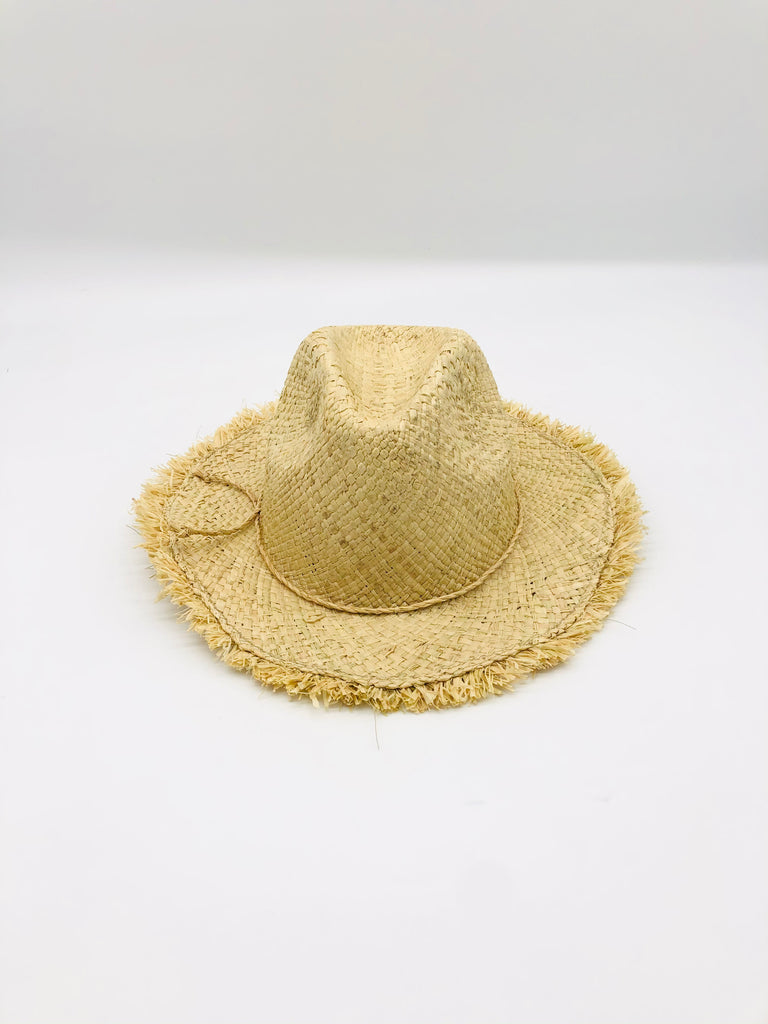 Fiston Fringe Natural - Unisex Fedora Straw Hat with Raw Edge handmade woven raffia strands in a solid hue of natural straw color with matching raw fringe edge embellishment and twisted raffia cord hat band - Shebobo