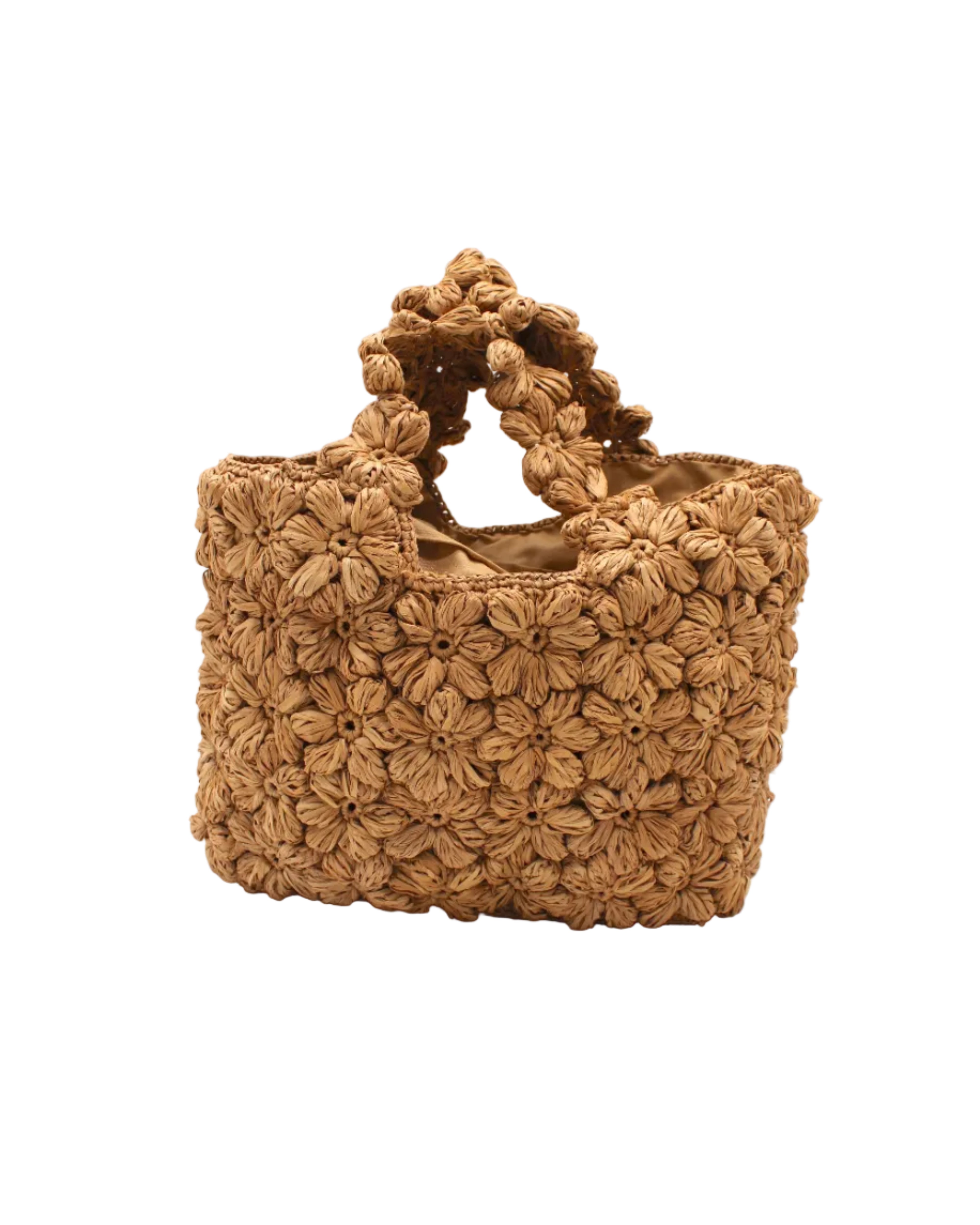 Florence Cappuccino Brown Flower Crochet Straw Basket Handbag handmade natural raffia palm fiber in a solid hue of cappuccino light/tea/brown with subtle tied flower design consisting of 88 flowers crochet together along the outside of the bag as well as the handles purse tote - Shebobo