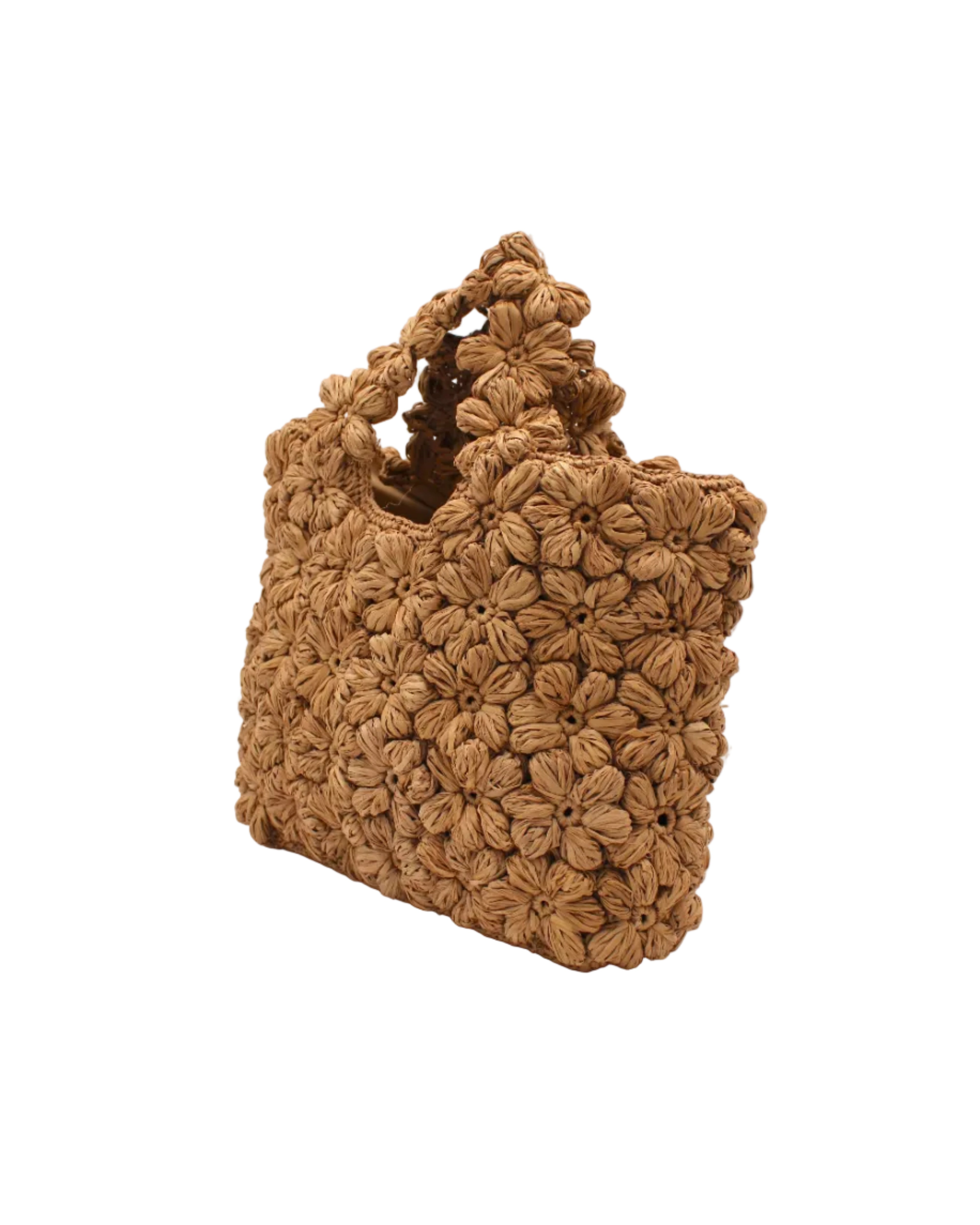 Side view Florence Cappuccino Brown Flower Crochet Straw Basket Handbag handmade natural raffia palm fiber in a solid hue of cappuccino light/tea/brown with subtle tied flower design consisting of 88 flowers crochet together along the outside of the bag as well as the handles purse tote - Shebobo