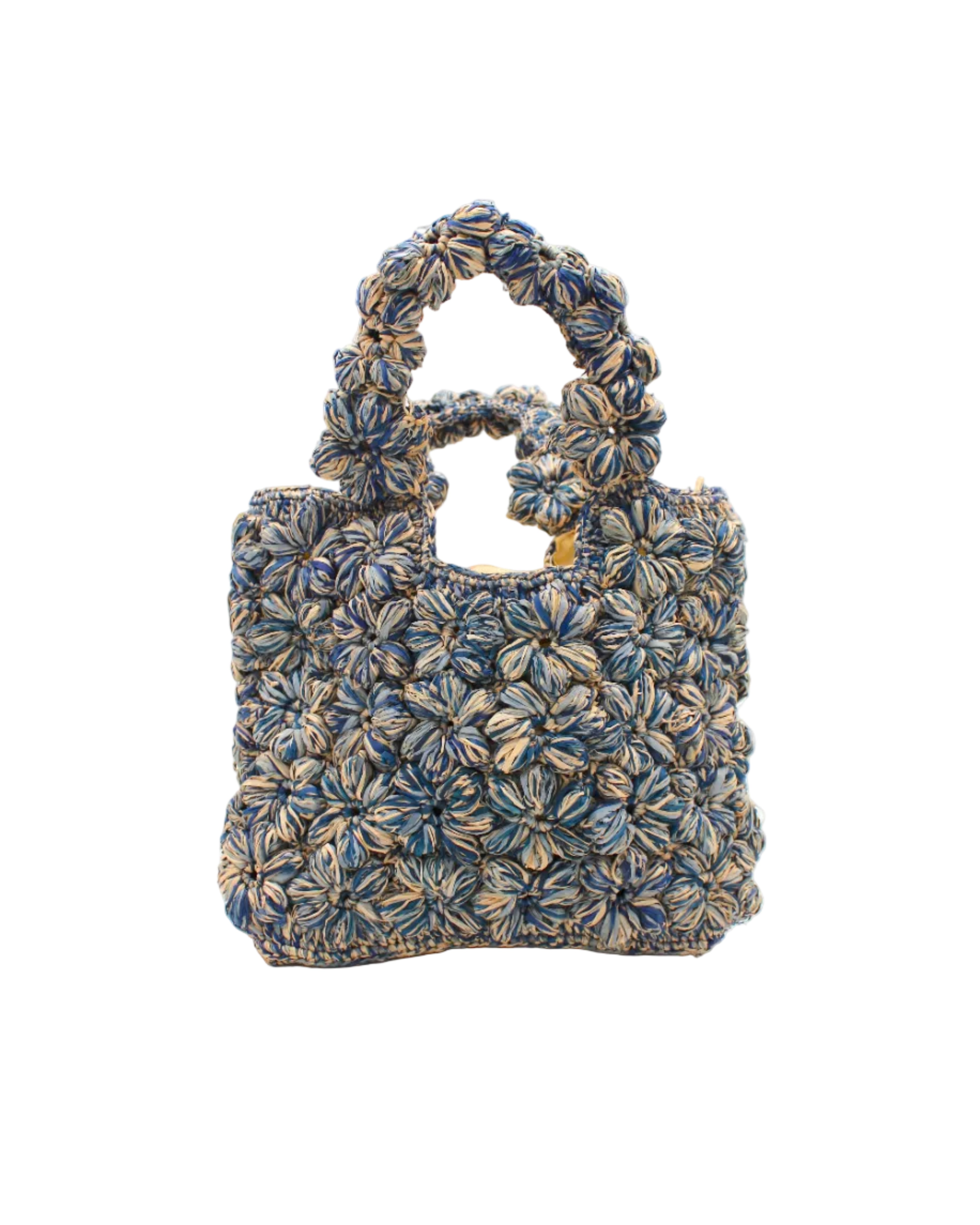 Florence Denim Blues Multicolor Flower Crochet Straw Basket Handbag handmade natural raffia palm fiber in a multicolor hue combination of natural straw color, denim light/retro/blue, and luminous navy/dark/blue with subtle tied flower design consisting of 88 flowers crochet together along the outside of the bag as well as the handles purse tote - Shebobo