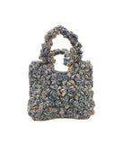 Florence Denim Blues Multicolor Flower Crochet Straw Basket Handbag handmade natural raffia palm fiber in a multicolor hue combination of natural straw color, denim light/retro/blue, and luminous navy/dark/blue with subtle tied flower design consisting of 88 flowers crochet together along the outside of the bag as well as the handles purse tote - Shebobo
