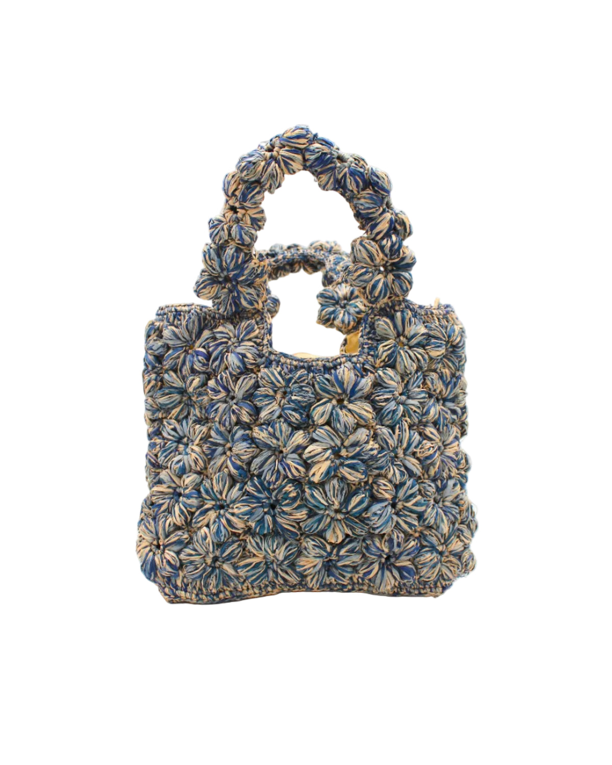 Florence Denim Blues Multicolor Flower Crochet Straw Basket Handbag handmade natural raffia palm fiber in a multicolor hue combination of natural straw color, denim light/retro/blue, and luminous navy/dark/blue with subtle tied flower design consisting of 88 flowers crochet together along the outside of the bag as well as the handles purse tote - Shebobo