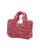 Florence Fuchsia Pinks Multicolor Flower Crochet Straw Basket Handbag handmade natural raffia palm fiber in a multicolor hue combination of natural straw color, fuchsia hot/bright/pink, and light pink with subtle tied flower design consisting of 88 flowers crochet together along the outside of the bag as well as the handles purse tote - Shebobo