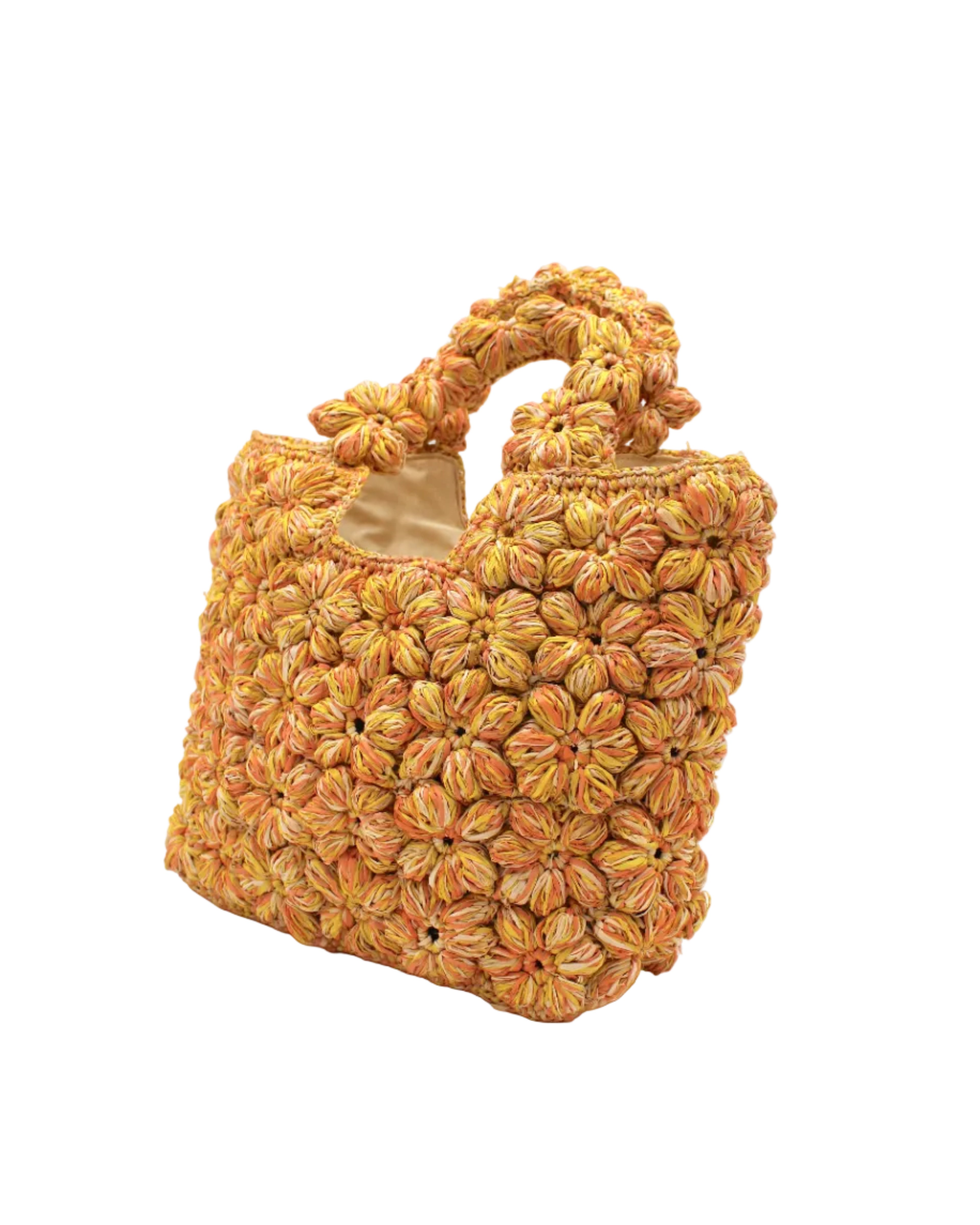 Side view Florence Lemon Yellows Multicolor Flower Crochet Straw Basket Handbag handmade natural raffia palm fiber in a multicolor hue combination of natural straw color, lemon yellow, and orange with subtle tied flower design consisting of 88 flowers crochet together along the outside of the bag as well as the handles purse tote - Shebobo