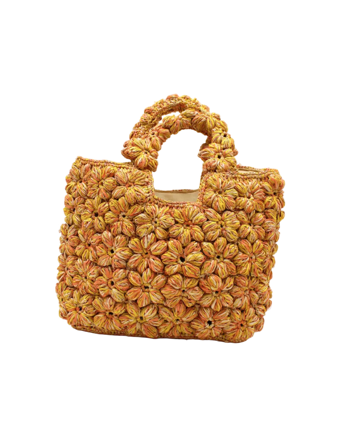 Florence Lemon Yellows Multicolor Flower Crochet Straw Basket Handbag handmade natural raffia palm fiber in a multicolor hue combination of natural straw color, lemon yellow, and orange with subtle tied flower design consisting of 88 flowers crochet together along the outside of the bag as well as the handles purse tote - Shebobo