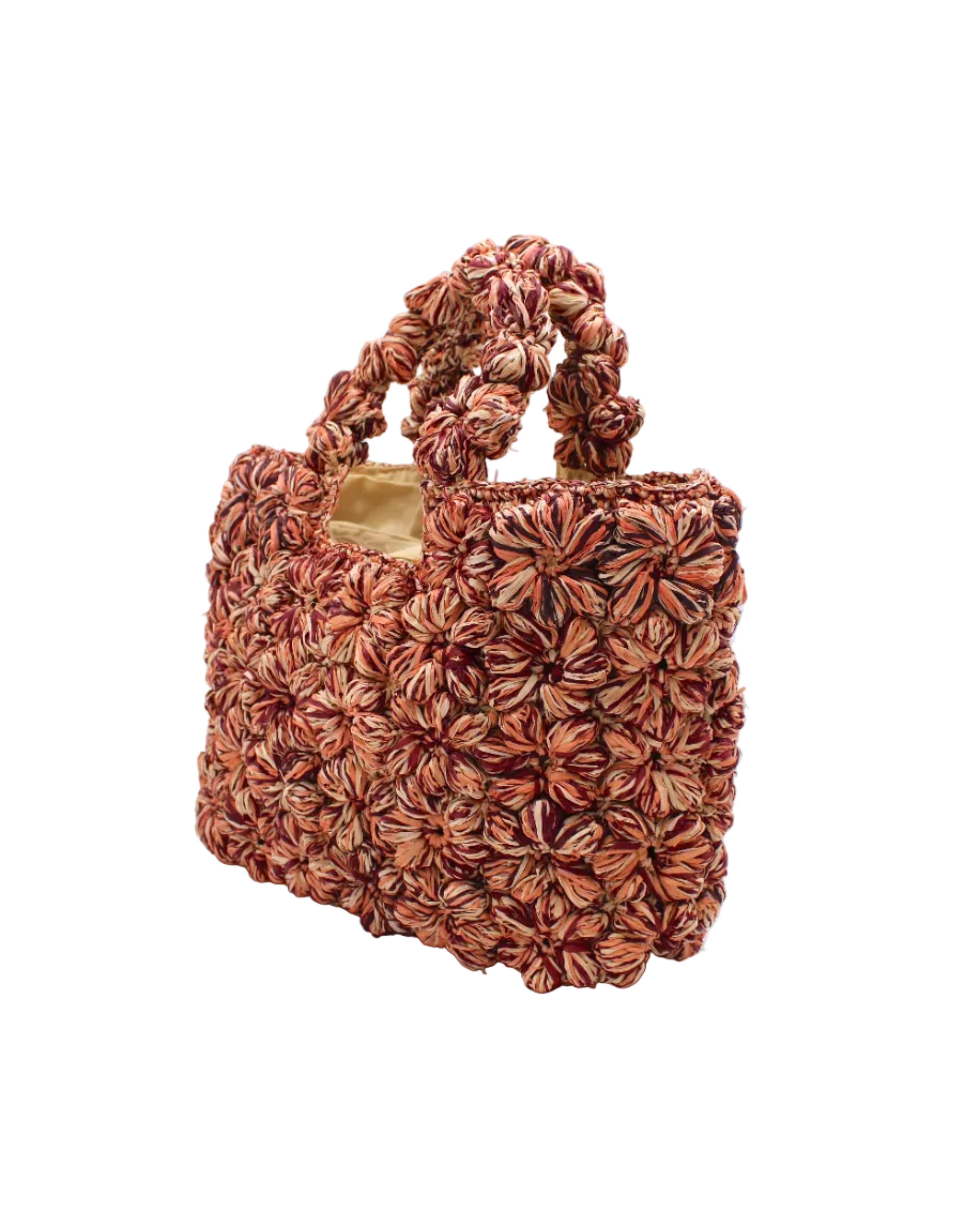 Side view Florence Umberwine Burgundy Reds Multicolor Flower Crochet Straw Basket Handbag handmade natural raffia palm fiber in a multicolor hue combination of natural straw color, umberwine burgundy/claret/bordeaux/dark/red/purple, and blush orange/pink with subtle tied flower design consisting of 88 flowers crochet together along the outside of the bag as well as the handles purse tote - Shebobo
