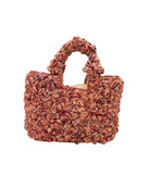 Florence Umberwine Burgundy Reds Multicolor Flower Crochet Straw Basket Handbag handmade natural raffia palm fiber in a multicolor hue combination of natural straw color, umberwine burgundy/claret/bordeaux/dark/red/purple, and blush orange/pink with subtle tied flower design consisting of 88 flowers crochet together along the outside of the bag as well as the handles purse tote - Shebobo