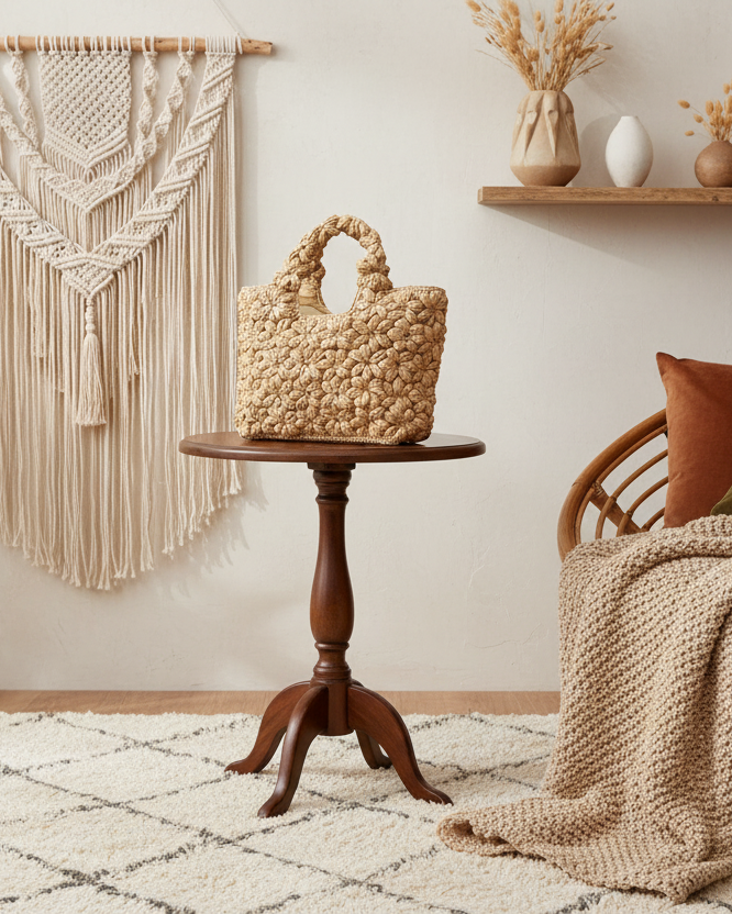 Lifestyle view Florence Flower Crochet Straw Basket Handbag handmade natural raffia palm fiber in a solid hue of natural straw color with subtle tied flower design consisting of 88 flowers crochet together along the outside of the bag as well as the handles purse tote - Shebobo