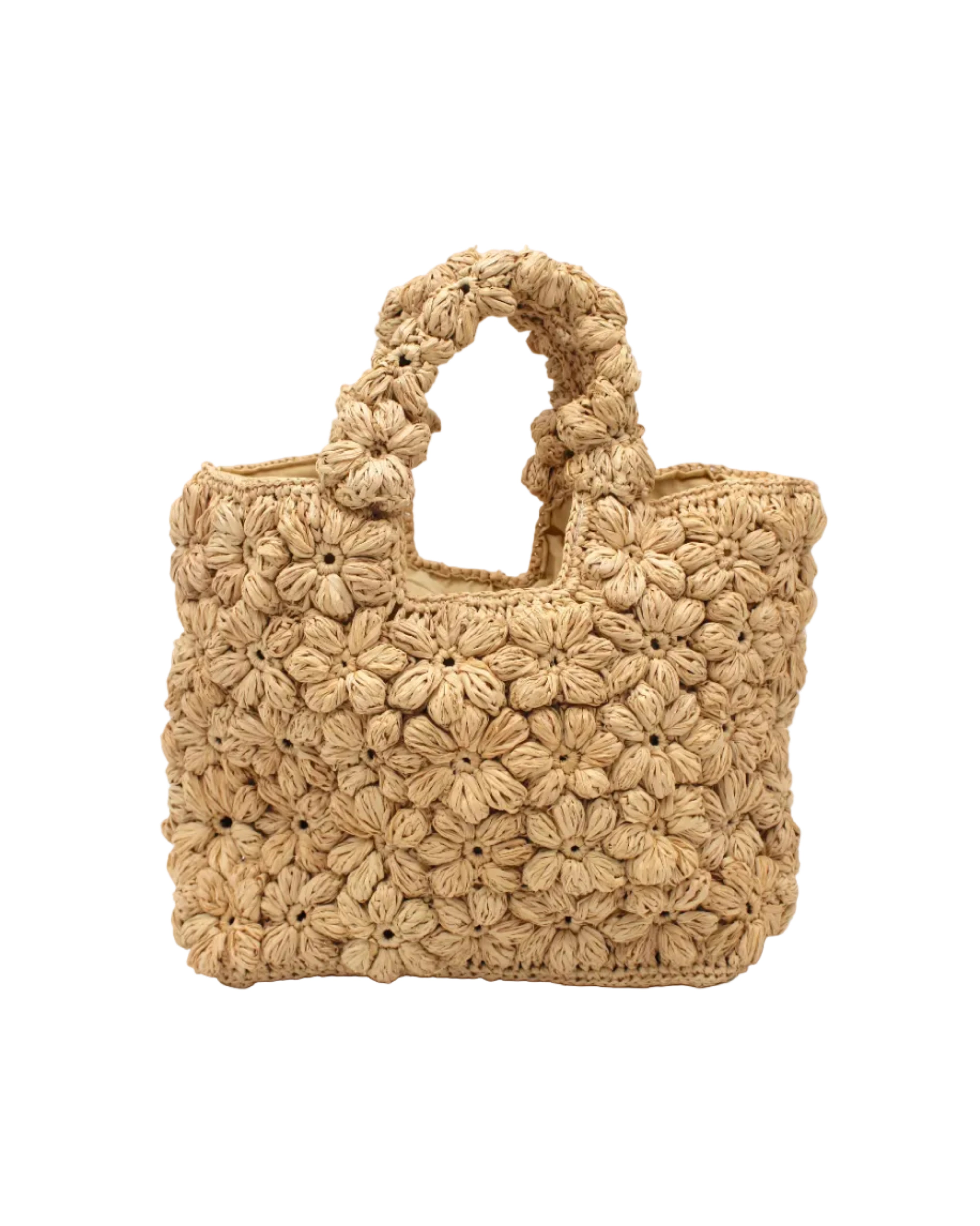Florence Flower Crochet Straw Basket Handbag handmade natural raffia palm fiber in a solid hue of natural straw color with subtle tied flower design consisting of 88 flowers crochet together along the outside of the bag as well as the handles purse tote - Shebobo