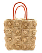 Flower Power Natural Crochet Straw Basket Bag handmade from natural raffia palm fiber in a granny square geometric floral pattern with petite flower detailing per square, crochet textile in a natural straw color with leather handles handbag purse - Shebobo