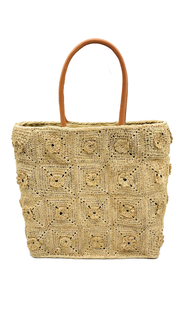 Flower Power Natural Crochet Straw Basket Bag handmade from natural raffia palm fiber in a granny square-esque geometric floral pattern with flower detailing projecting from main crochet textile in a natural straw color with leather handles handbag purse - Shebobo