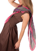 Model wearing French Country Floral and Gingham Scarf Wrap Fuchsia Pink Multicolor Floral pattern inside a black and white checked gingham plaid with colored edge - Shebobo