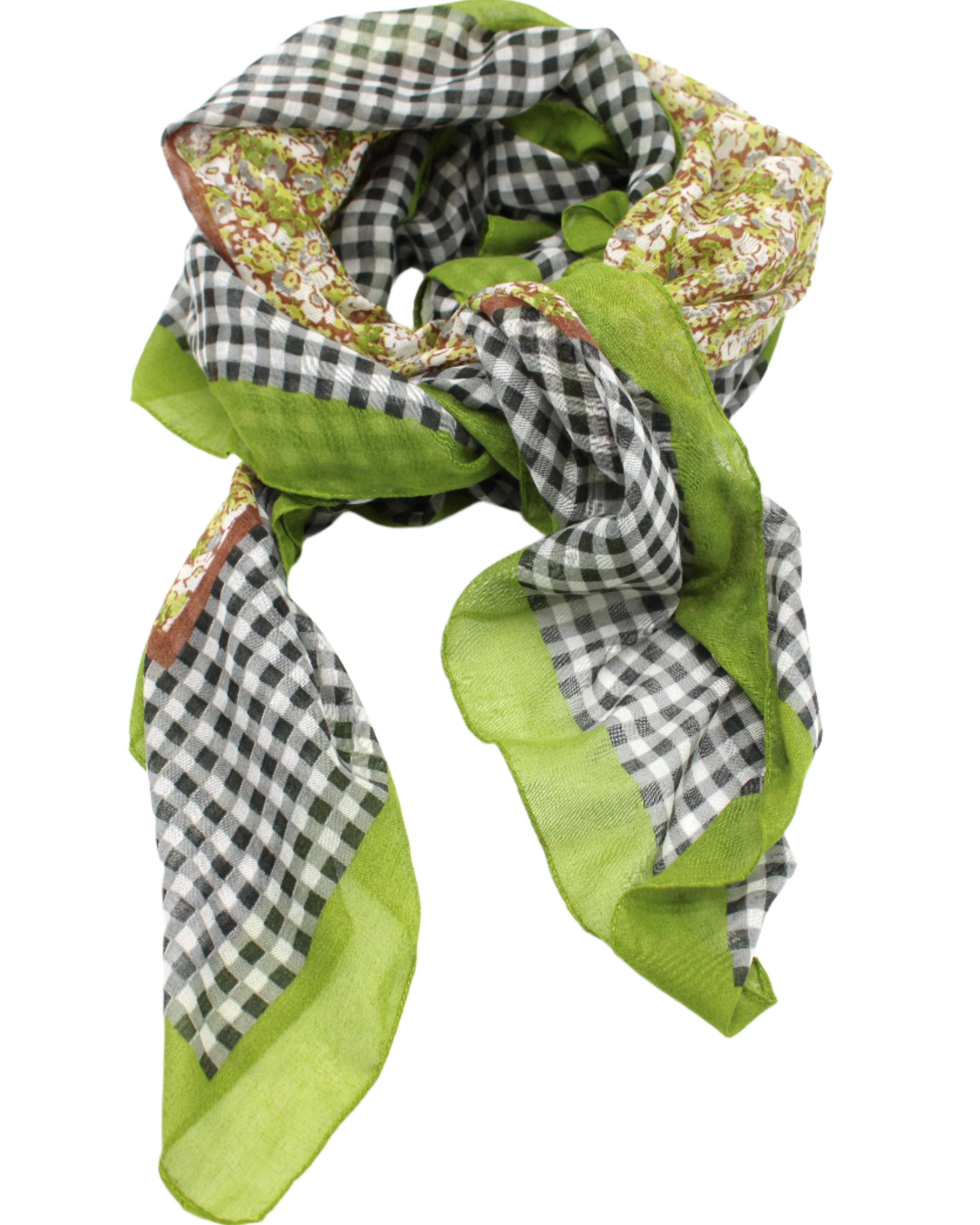 French Country Floral and Gingham Scarf Wrap Green Multicolor Floral pattern inside a black and white checked gingham plaid with colored edge - Shebobo