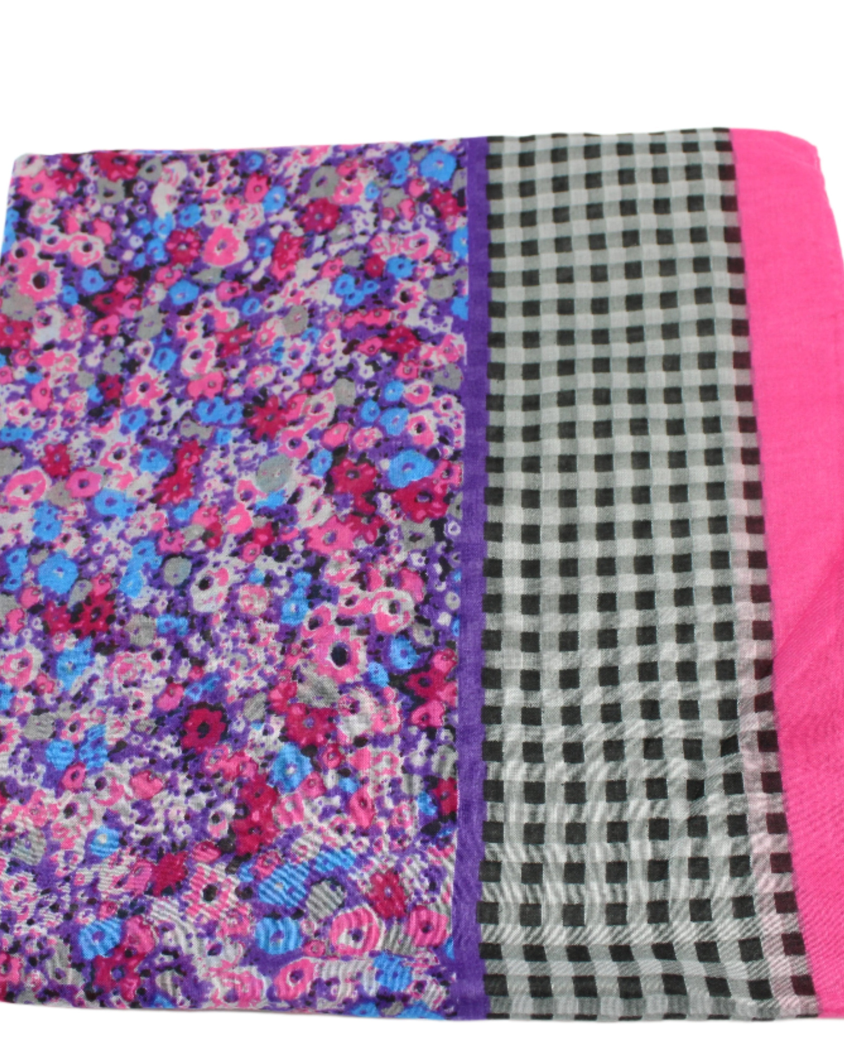 Detail view of pattern French Country Floral and Gingham Scarf Wrap Fuchsia Pink Multicolor Floral pattern inside a black and white checked gingham plaid with colored edge - Shebobo