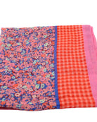Detail view of pattern French Country Floral and Gingham Scarf Wrap Pink Multicolor Floral pattern inside a orange and pink checked gingham plaid with colored edge - Shebobo