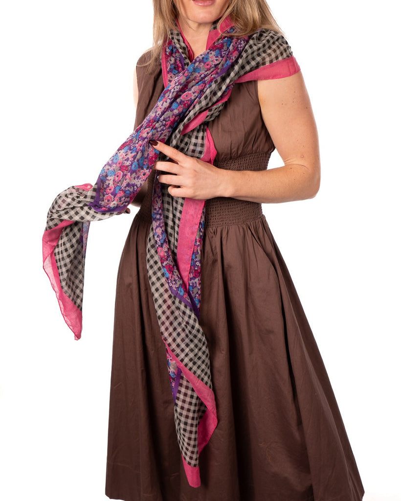 Model wearing French Country Floral and Gingham Scarf Wrap Fuchsia Pink Multicolor Floral pattern inside a black and white checked gingham plaid with colored edge - Shebobo