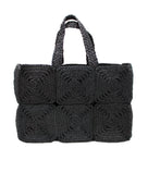 Gemma Crochet Disc Rectangle Large Straw Basket Handbag handmade braided natural raffia palm fiber in a solid hue of Black with subtle square disc pattern around the outside of the bag in two horizontal bands of squares creating a geometric pattern and matching woven handles beach bag purse - Shebobo