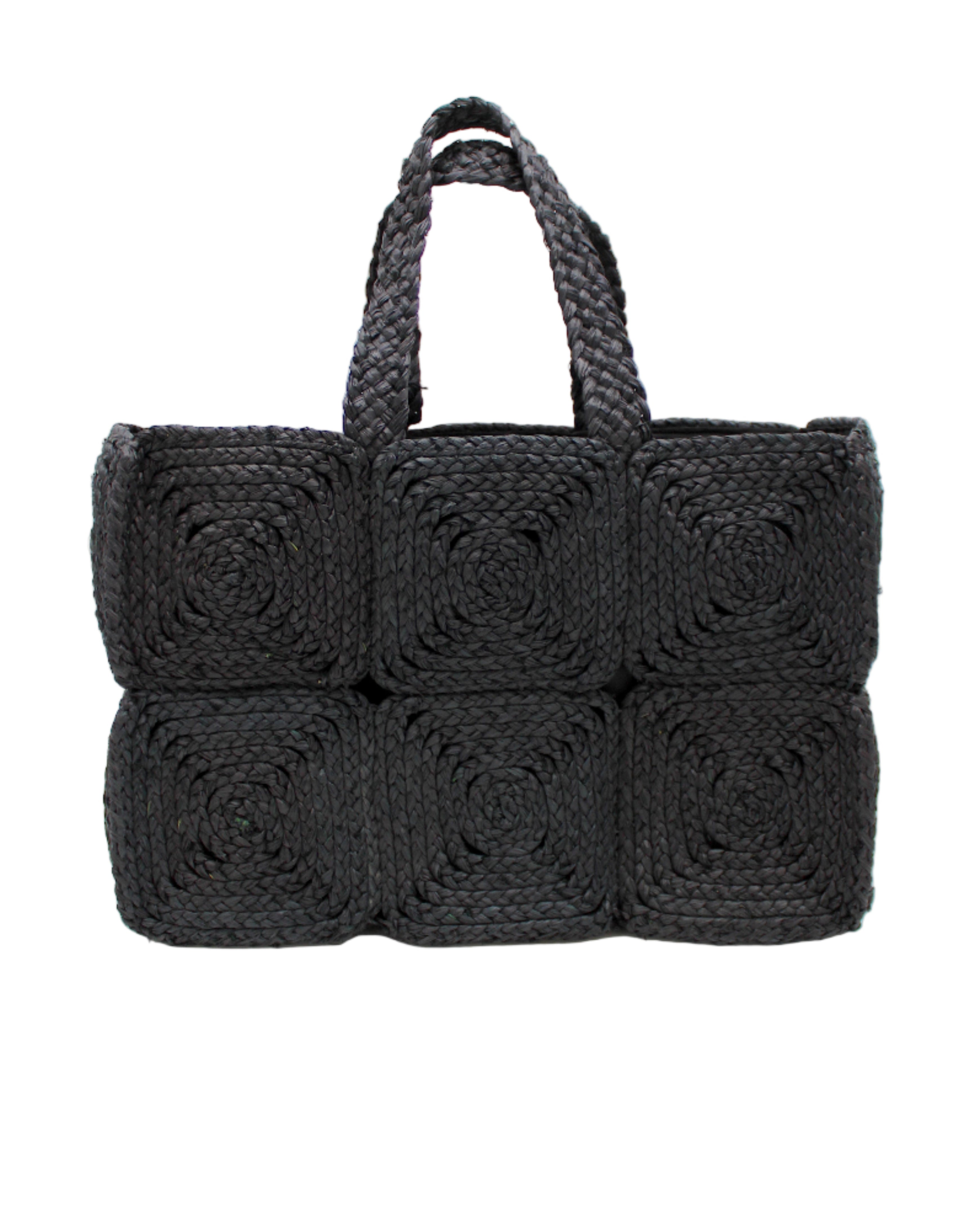 Gemma Crochet Disc Rectangle Large Straw Basket Handbag handmade braided natural raffia palm fiber in a solid hue of Black with subtle square disc pattern around the outside of the bag in two horizontal bands of squares creating a geometric pattern and matching woven handles beach bag purse - Shebobo