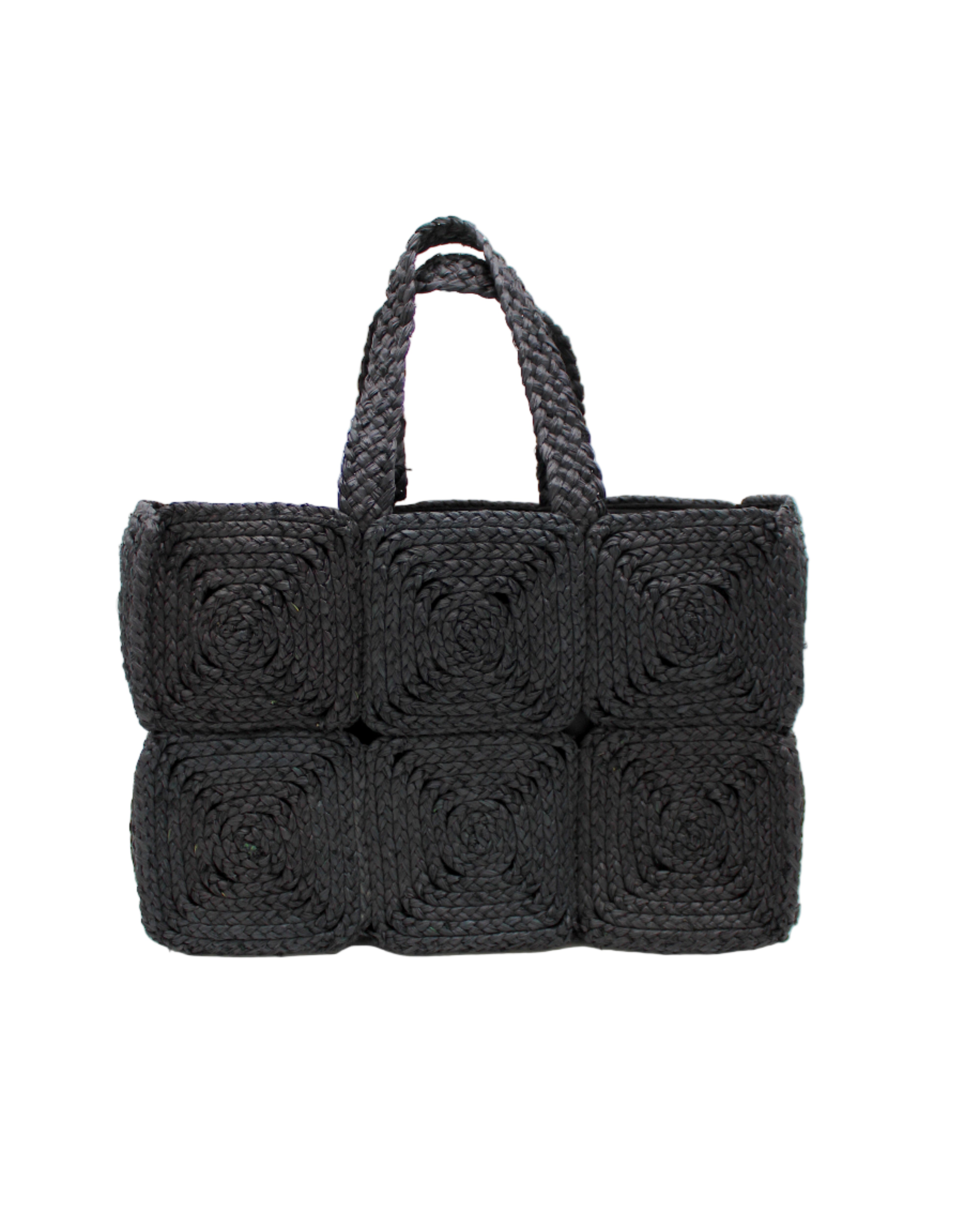 Gemma Crochet Disc Rectangle Large Straw Basket Handbag handmade braided natural raffia palm fiber in a solid hue of Black with subtle square disc pattern around the outside of the bag in two horizontal bands of squares creating a geometric pattern and matching woven handles beach bag purse - Shebobo
