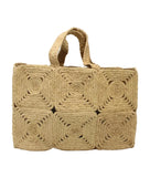 Gemma Crochet Disc Rectangle Large Straw Basket Handbag handmade braided natural raffia palm fiber in a solid hue of Natural straw color with subtle square disc pattern around the outside of the bag in two horizontal bands of squares creating a geometric pattern and matching woven handles beach bag purse - Shebobo