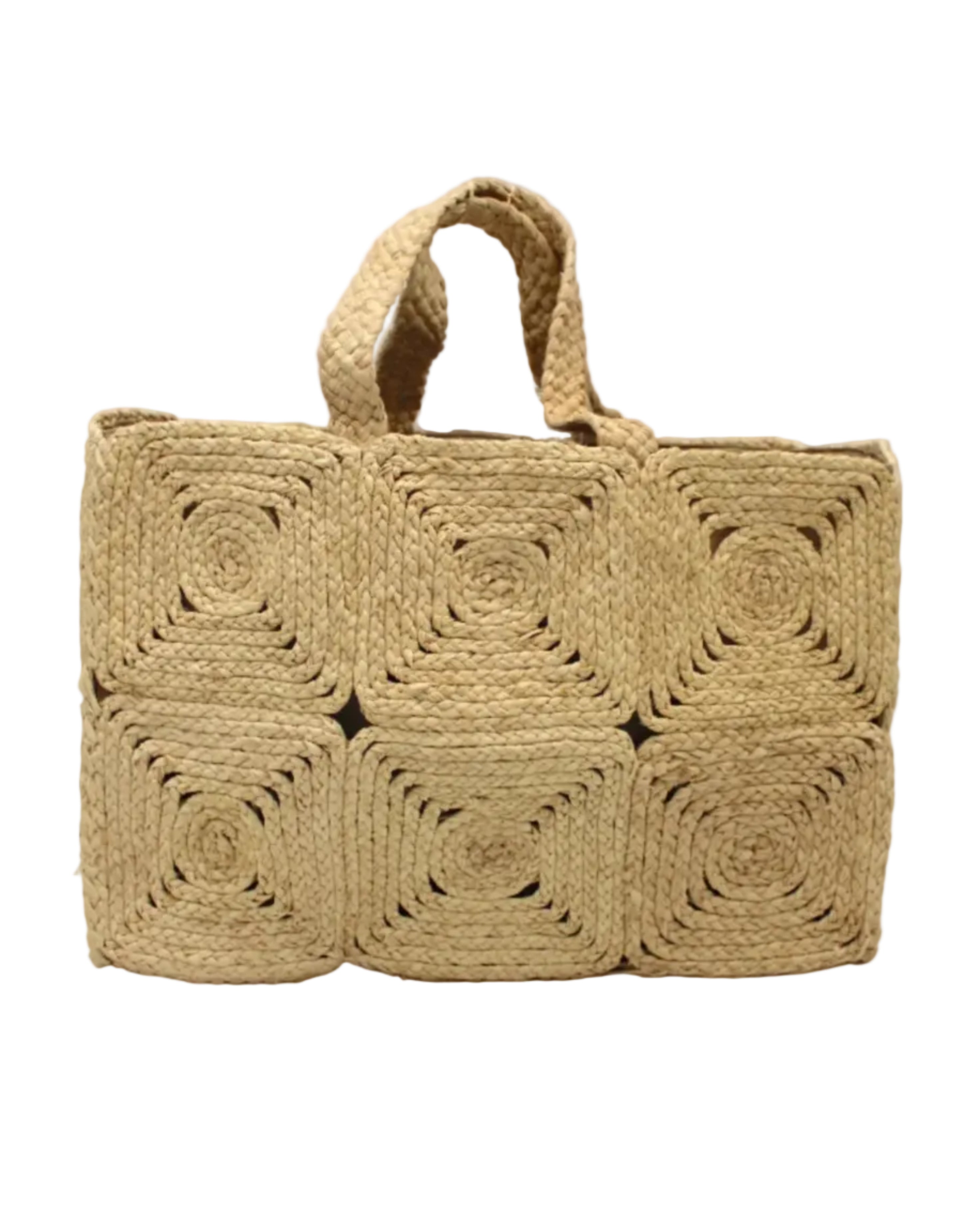 Gemma Crochet Disc Rectangle Large Straw Basket Handbag handmade braided natural raffia palm fiber in a solid hue of Natural straw color with subtle square disc pattern around the outside of the bag in two horizontal bands of squares creating a geometric pattern and matching woven handles beach bag purse - Shebobo