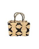 Gemma Crochet Disc Rectangle Black and Natural Straw Basket Handbag handmade woven raffia palm fiber in a two tone multicolor pattern of black and natural straw color create a coiled braid disc pattern result in a star pattern around the bag with matching woven handles top handle bag - Shebobo