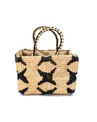 Gemma Crochet Disc Rectangle Black and Natural Straw Basket Handbag handmade woven raffia palm fiber in a two tone multicolor pattern of black and natural straw color create a coiled braid disc pattern result in a star pattern around the bag with matching woven handles top handle bag - Shebobo