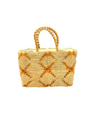 Gemma Crochet Disc Rectangle Butter and Saffron Straw Basket Handbag handmade woven raffia palm fiber in a two tone multicolor pattern of butter light yellow and saffron yellow/orange create a coiled braid disc pattern result in a star pattern around the bag with matching woven handles top handle bag - Shebobo