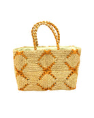 Gemma Crochet Disc Rectangle Butter and Saffron Straw Basket Handbag handmade woven raffia palm fiber in a two tone multicolor pattern of butter light yellow and saffron yellow/orange create a coiled braid disc pattern result in a star pattern around the bag with matching woven handles top handle bag - Shebobo