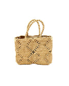 Gemma Crochet Disc Rectangle Natural Straw Basket Handbag handmade woven raffia palm fiber in a solid hued pattern of natural straw color create a coiled braid disc pattern result in a star pattern around the bag with matching woven handles top handle bag - Shebobo