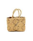 Gemma Crochet Disc Rectangle Natural Straw Basket Handbag handmade woven raffia palm fiber in a solid hued pattern of natural straw color create a coiled braid disc pattern result in a star pattern around the bag with matching woven handles top handle bag - Shebobo