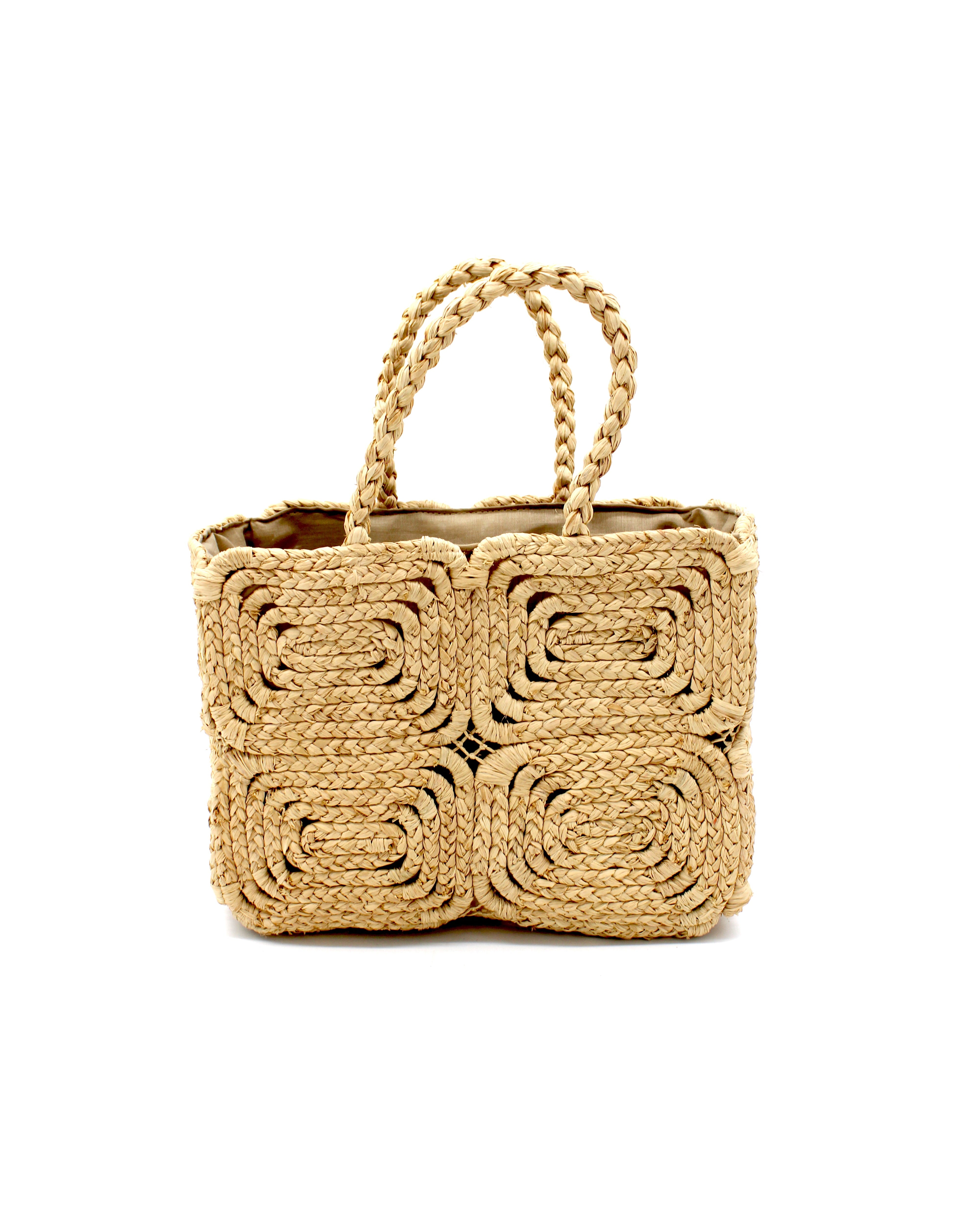 Gemma Crochet Disc Rectangle Natural Straw Basket Handbag handmade woven raffia palm fiber in a solid hued pattern of natural straw color create a coiled braid disc pattern result in a star pattern around the bag with matching woven handles top handle bag - Shebobo