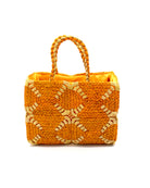 Gemma Crochet Disc Rectangle Saffron and Butter Straw Basket Handbag handmade woven raffia palm fiber in a two tone multicolor pattern of saffron yellow/orange and butter light yellow create a coiled braid disc pattern result in a star pattern around the bag with matching woven handles top handle bag - Shebobo