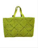 Gemma Crochet Disc Rectangle Large Straw Basket Handbag handmade braided natural raffia palm fiber in a solid hue of midori bright/neon/lime/green with subtle square disc pattern around the outside of the bag in two horizontal bands of squares creating a geometric pattern and matching woven handles beach bag purse - Shebobo